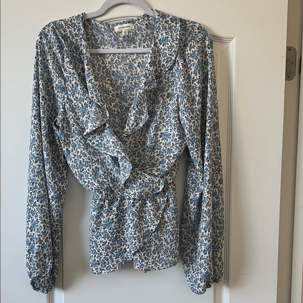 Max Studio Blue Floral Ruffle Wrap Blouse